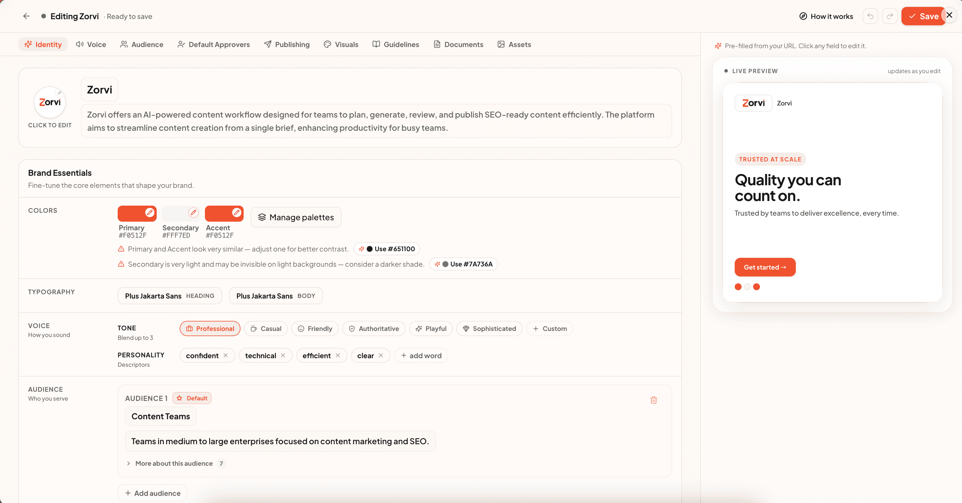 Zorvi brand profile editor showing the AI-generated brand identity, colors, typography, voice, and audience built from a website URL, ready to review and edit