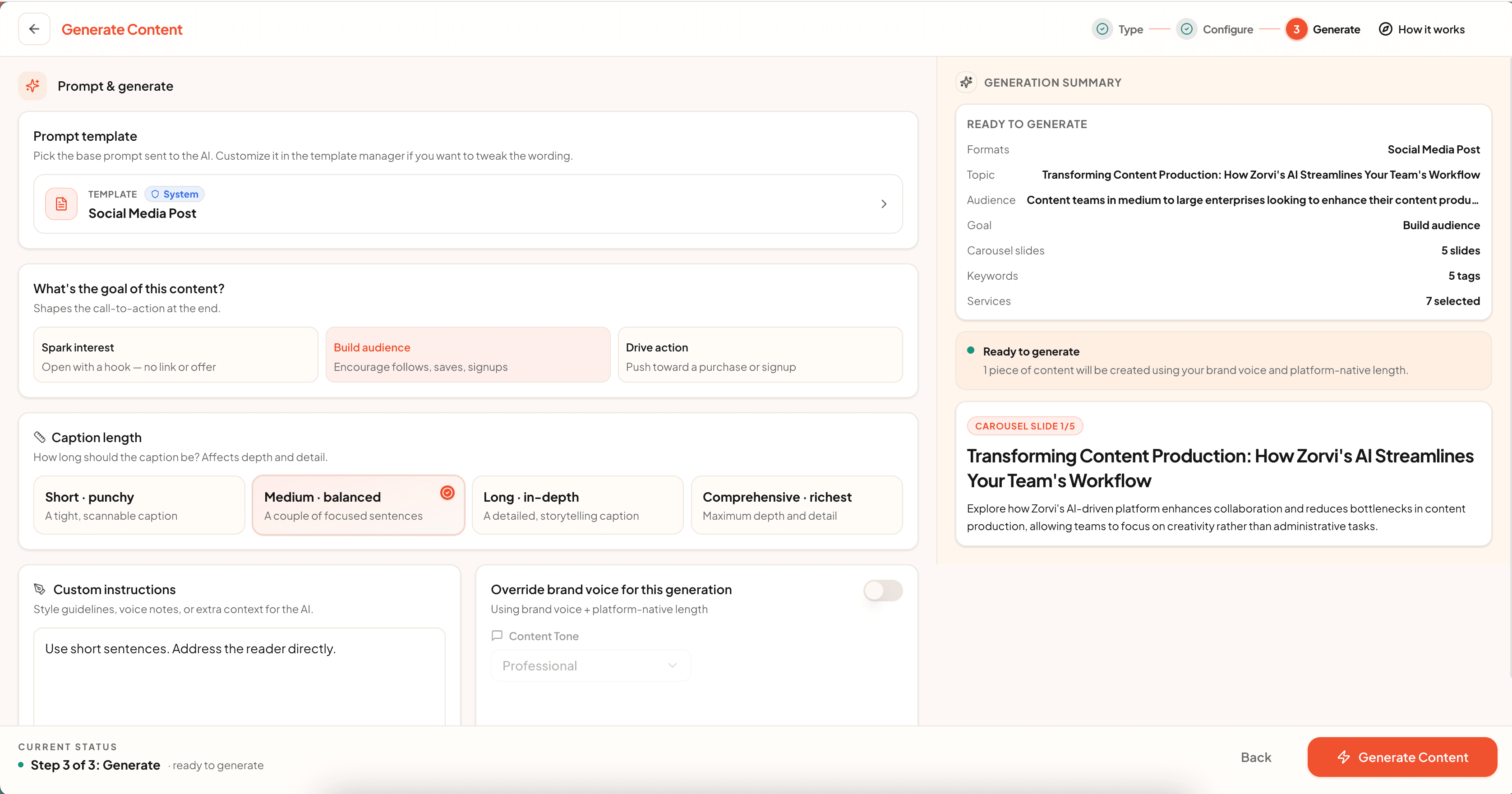 Zorvi content generation screen showing prompt template, content goal, caption length, and a generation summary with a live carousel slide preview