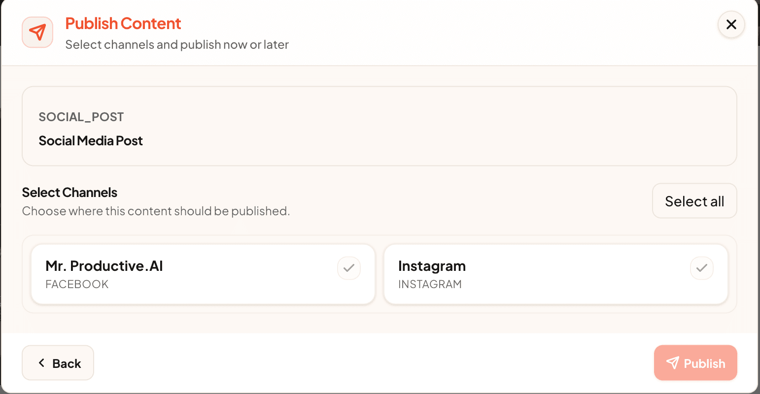 Zorvi publish dialog showing a Social Media Post ready to publish, with connected Facebook and Instagram channels selected