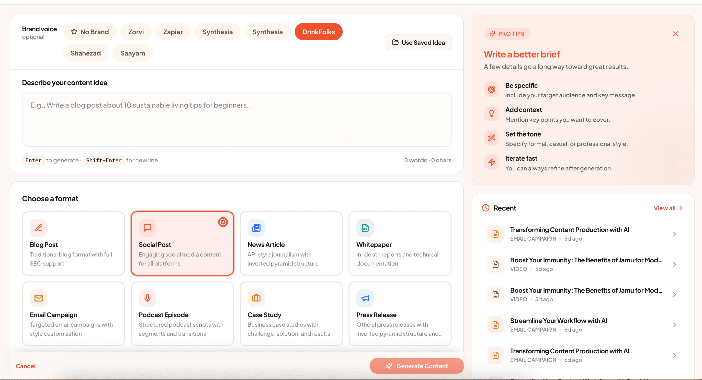 Zorvi content brief editor showing brand voice selection, the idea textarea, and a format picker with Social Post selected