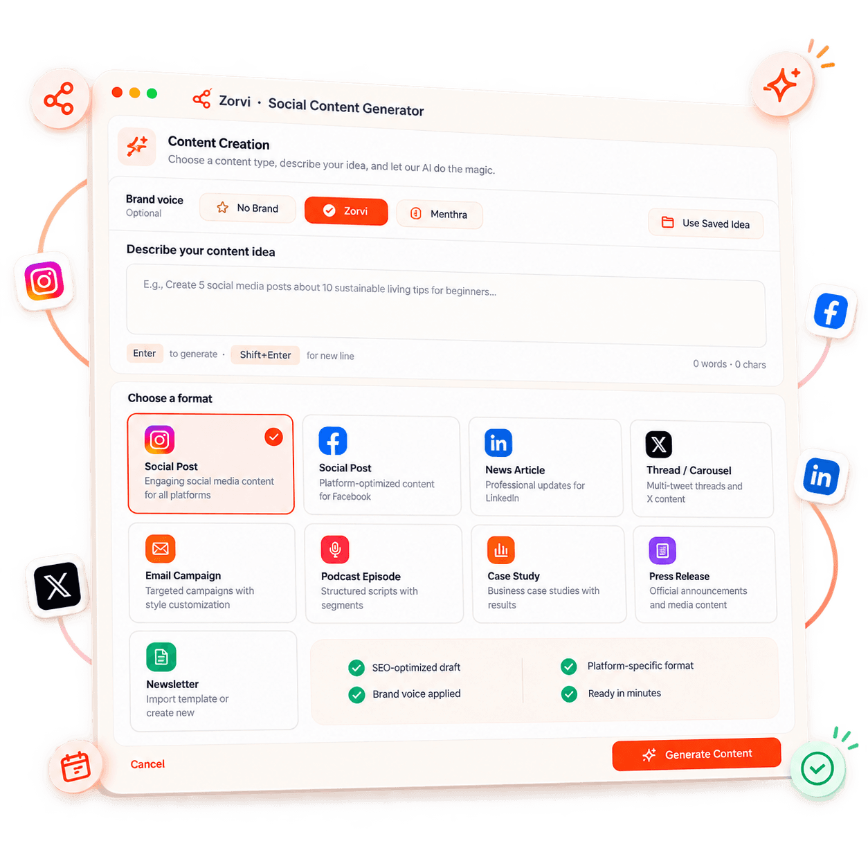 Zorvi's content creation screen with the Social Post format selected